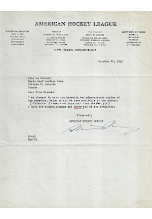 1942 Maurice Podoloff Autographed Type Signed American Hockey League Letter