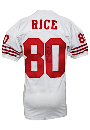 1992 Jerry Rice San Francisco 49ers Game-Used & Autographed Jersey (Full PSA/DNA • Sourced From Larry Johnson • MEARS A10)
