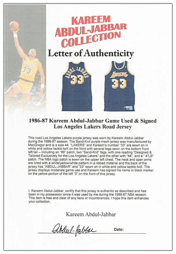 Lot Detail - 1978-1985 Kareem Abdul-Jabbar Game Used & Signed Los