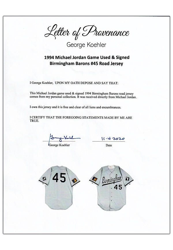 Lot Detail - VALUABLE 1994 MICHAEL JORDAN BIRMINGHAM BARONS GAME WORN AND  SIGNED ALTERNATE JERSEY DERIVED FROM THE GEORGE KOEHLER COLLECTION - MEARS  A10/BECKETT/KOEHLER LETTER OF PROVENANCE