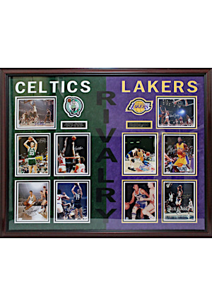 Boston Celtics & Los Angeles Lakers "Rivalry" Multi-Signed Framed Display Including Bird, Havlicek, Kareem, Magic & More (JSA & PSA Stickers)