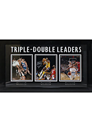 Oscar Robertson, Earvin "Magic" Johnson & Jason Kidd Multi-Signed "Triple-Double Leaders" Framed Display (PSA/DNA COAs)