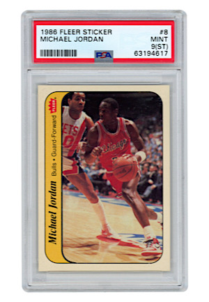 1986 Fleer Basketball Sticker Set (Michael Jordan #8 PSA MINT 9 ST)