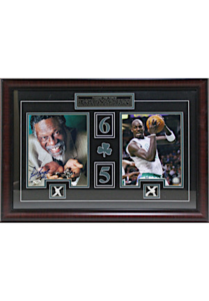 Bill Russell & Kevin Garnett Boston Celtics Framed Display Autographed By Russell With Two Pieces Of Game-Used Net (TD Garden Receipt)