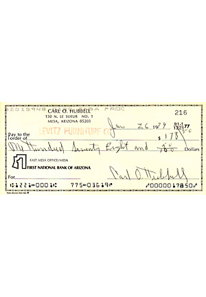 1979 Carl Hubbell Autographed Personal Bank Check