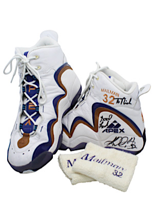 3/13/1999 Karl Malone Utah Jazz Game-Used & Dual-Autographed Shoes & Wristbands (Ball Boy LOA • MVP Season)