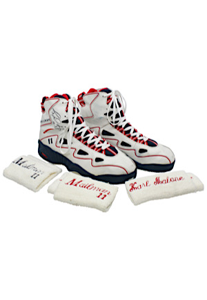 1996 Karl Malone USA Olympic Basketball Game-Used & Dual-Autographed Shoes & Wristbands (Ball Boy LOA)