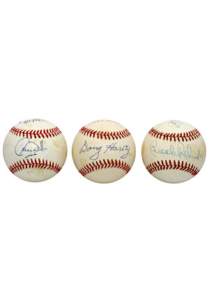 "Grand Slam On 1st Swing of Game, Other 3 Walked & Never Swung," 1980 NLCS Controversial Play-Call" & "Most Years Played for One Team" Dual-Signed Baseballs (3)