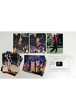 Large Grouping Of Autographed Photos & Certificates Including Kobe, Shaq, Woods, Malone, Stockton & More