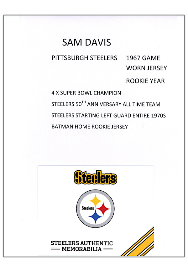 Lot Detail - 1967 Sam Davis Pittsburgh Steelers Rookie Game-Used Batman  Jersey (Steelers COA • Repairs)