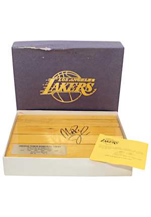 Los Angeles Lakers "Great Western Forum" Game-Used Wooden Gym Square Autographed By Magic Johnson (Lakers COA)