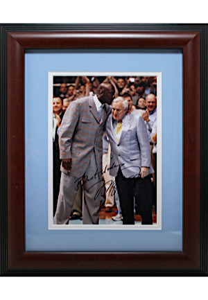 Michael Jordan Autographed & Inscribed Photo Framed Display Kissing Coach Dean Smith During His Retirement