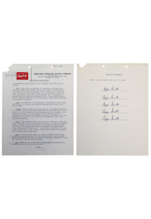 Ozzie Smith St. Louis Cardinals Autographed Rawlings Equipment Contract (5 Signatures)