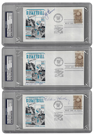 Grouping Of 10 NBA Hall Of Fame Autographed "First Day Cover" Cards (10)(PSA/DNA Encapsulated)