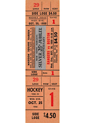 10/25/1950 New York Rangers "25th Season Anniversary Silver Jubilee" Ticket