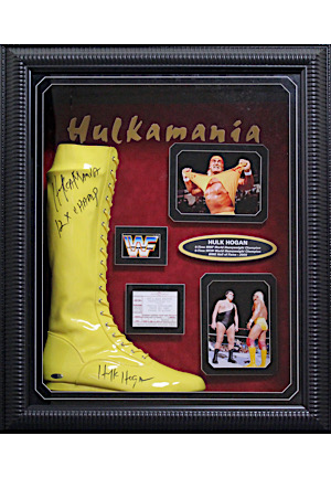 Hulk Hogan Autographed Boot With Inscription & 1987 Wrestlemania Ticket Stub Shadow Box