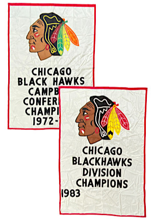 1972-73 Chicago Blackhawks "Campbell Conference Champions" & 1983 "Division Champions" Stadium Banners (2)(Chicago Stadium LOA)