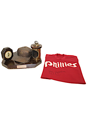 Mid 1970s Jay Johnstone Philadelphia Phillies Player Worn & Autographed BP Jersey & Bronze Cap Display (2)
