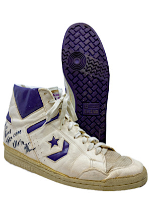 1980s Magic Johnson LA Lakers Game-Used & Signed Shoes (Gifted To Mike Tysons Manager • Apparent Photo-Match • PSA/DNA)