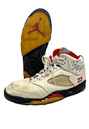 1990-91 Michael Jordan Chicago Bulls Game-Used & Dual Signed Air Jordan 5 Fire Red PE Shoes (Gifted To Bulls Official Scorer W/ LOA • MEARS • JSA)