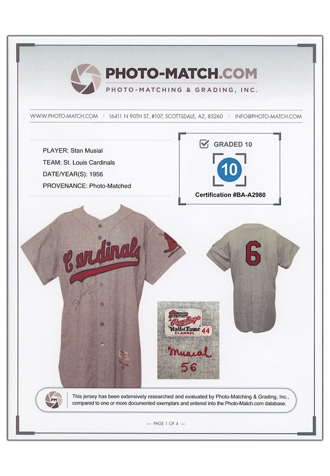 Lot Detail - 1956 Stan Musial St. Louis Cardinals Game-Used & Autographed  Road Flannel Jersey (Photo-Matched & Graded 10 • One Year Style • PSA/DNA &  JSA LOAs)