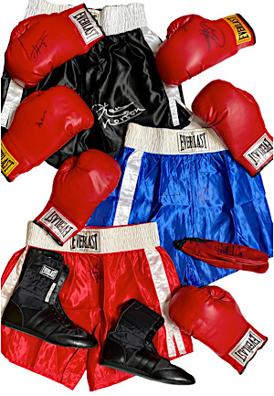 Large Grouping Of Signed Boxing Items Including Gloves, Trunks & Shoes