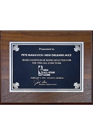 1978 Pete Maravich New Orleans Jazz NBA All-Star Game Plaque (Maravich Family LOA)