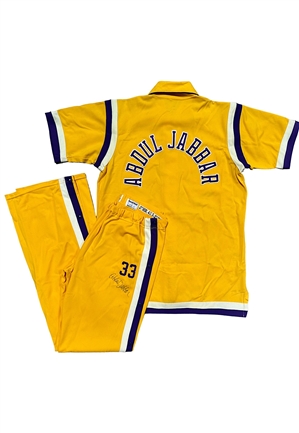 1986-87 Kareem Abdul-Jabbar LA Lakers Player-Worn & Autographed Warm Up Suit (2)(Photo-Matched To Dr. J Retirement Ceremony • Champ Season • JSA)
