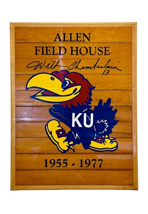 Wilt Chamberlain Signed Kansas University Original Allen Fieldhouse 18x24 Court Piece (Giant Wilt Sig • JSA 9)