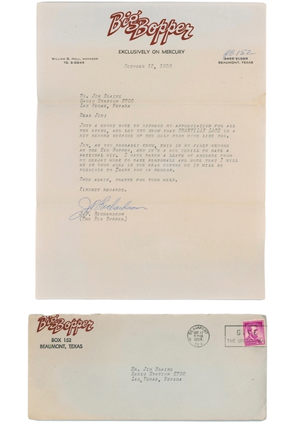 10/15/1958 The Big Bopper Signed Letter with Envelope (Addressed to Radio Host Jim Blaine KTOO Las Vegas • Scarce)