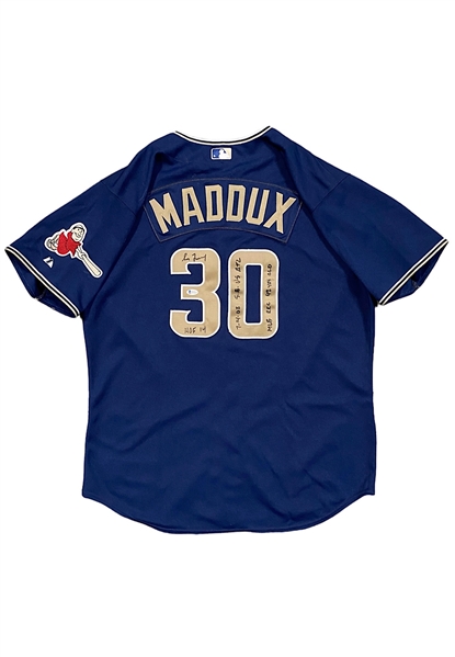 2008 Greg Maddux San Diego Padres Game-Used & Autographed Jersey (Beckett • Inscribed "MLB REC 42 YRS OLD")