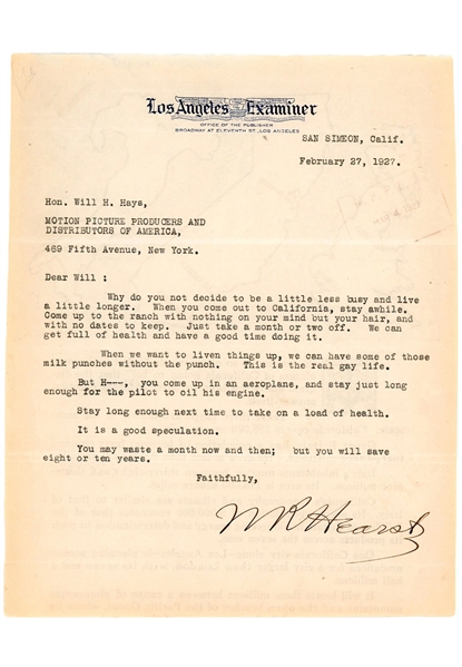 William Randolph Hearst Signed Letter
