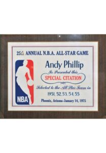 1/14/1975 Andy Phillip Five-Time All-Star Team Award Plaque