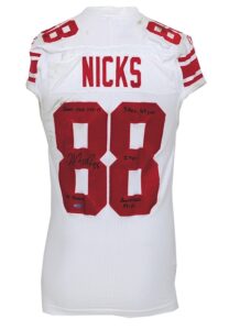 1/19/2012 Hakeem Nicks NY Giants Playoffs Game-Used & Autod Road Jersey Worn at Lambeau Field vs. Packers