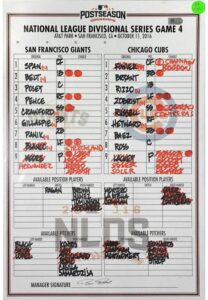 10/11/2016 Chicago Cubs vs San Francisco Giants Lineup Card Hung In Giants Dugout & Signed By Manager Bruce Bochy