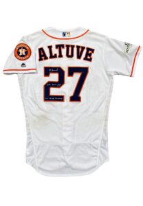 10/5/2017 Jose Altuve Houston Astros Game-Used & Signed Three Home Run Playoff Jersey