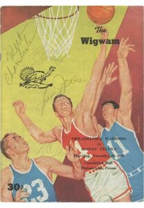 11/26/1959 Philadelphia Warriors vs Boston Celtics Program Autographed by Sam Jones, K.C. Jones, Bill Russell & Rookie Wilt Chamberlain