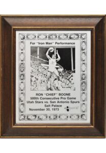 11/30/1975 Ron Boone 500th Consecutive Pro Game Award Plaque