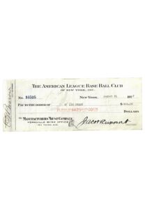 1927 New York Yankees Payroll Check Signed By President Jacob Ruppert, Ed Barrow & George Perry