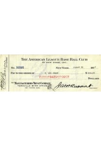 1927 New York Yankees Payroll Check Signed By President Jacob Ruppert, Ed Barrow & George Perry