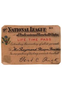 1930s National League Life Time Pass Presented To Raymond Bloom Bressler