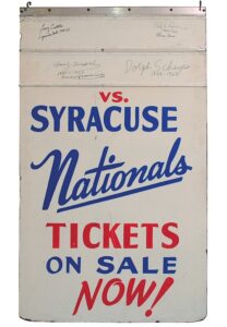 1950’s Original Oversized Syracuse Nats Ticket Sign That Hung Outside Onondaga County War Memorial Stadium – Autographed by Nats All-Time Greats