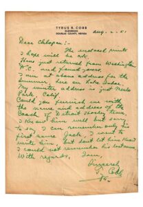 1951 Ty Cobb Handwritten & Signed Letter On Cobb Stationary In Customary Green Ink