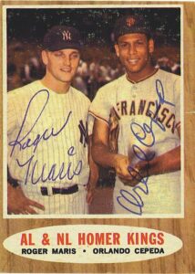 1962 Topps #401 “AL & NL Homer Kings” Signed by Roger Maris and Orlando Cepeda