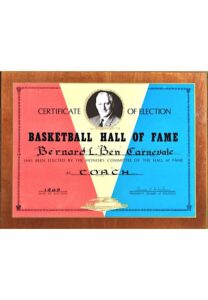 1969 Bernard L. Carnevale Naismith Memorial Basketball Hall Of Fame Certificate Of Election