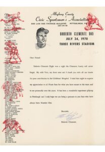 1970 Roberto Clemente Signed “Clemente Day” Thank You Letter