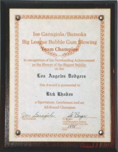 1975 Rick Rhoden LA Dodgers Bazooka “Biggest Bubble” Award from the Collection of Rick Rhoden