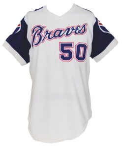 1982 Biff Pocoroba Atlanta Braves Game-Used Road Jersey, 1975 Player Unknown #50 Atlanta Braves Game-Used Home ….