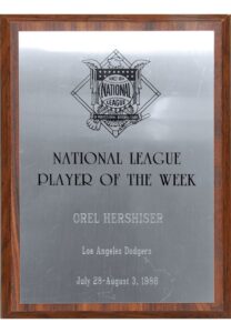 1984 Orel Hershiser LA Dodgers Pitcher of the Year BBWAA Award Plaque & 1986 Orel Hershiser LA Dodgers National League Player of the Week Award