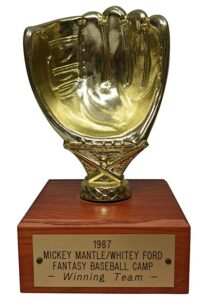 1987 Mickey Mantle & Whitey Ford Fantasy Camp Items — Valuables Bag, Championship Ring & Trophy